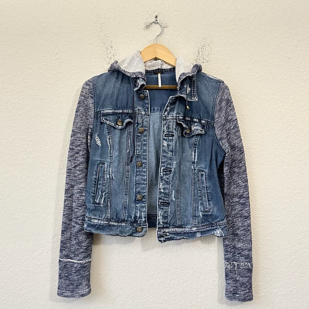 FREE PEOPLE Jean Jacket Blue Denim Distressed Hooded Cotton Moto Biker